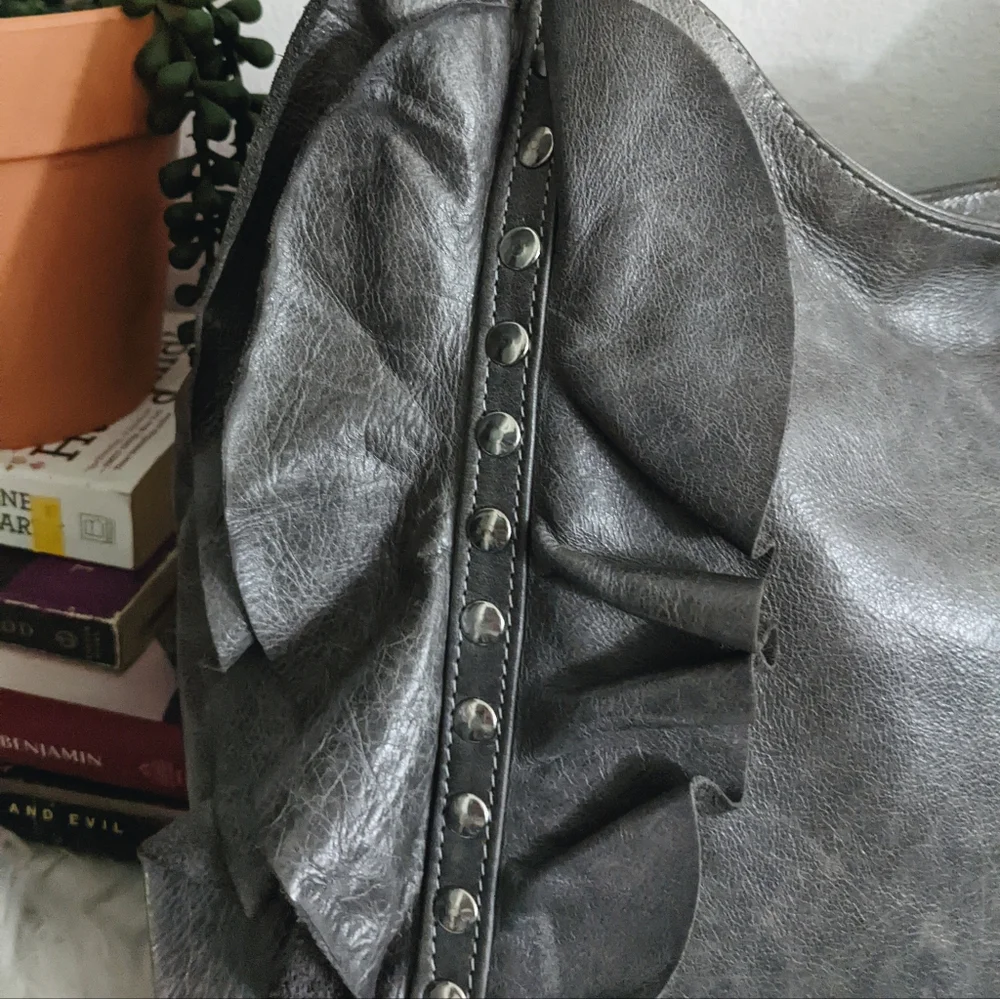 Susan Farber Sicily Metallic Gray Studded Ruffle Hobo Bag